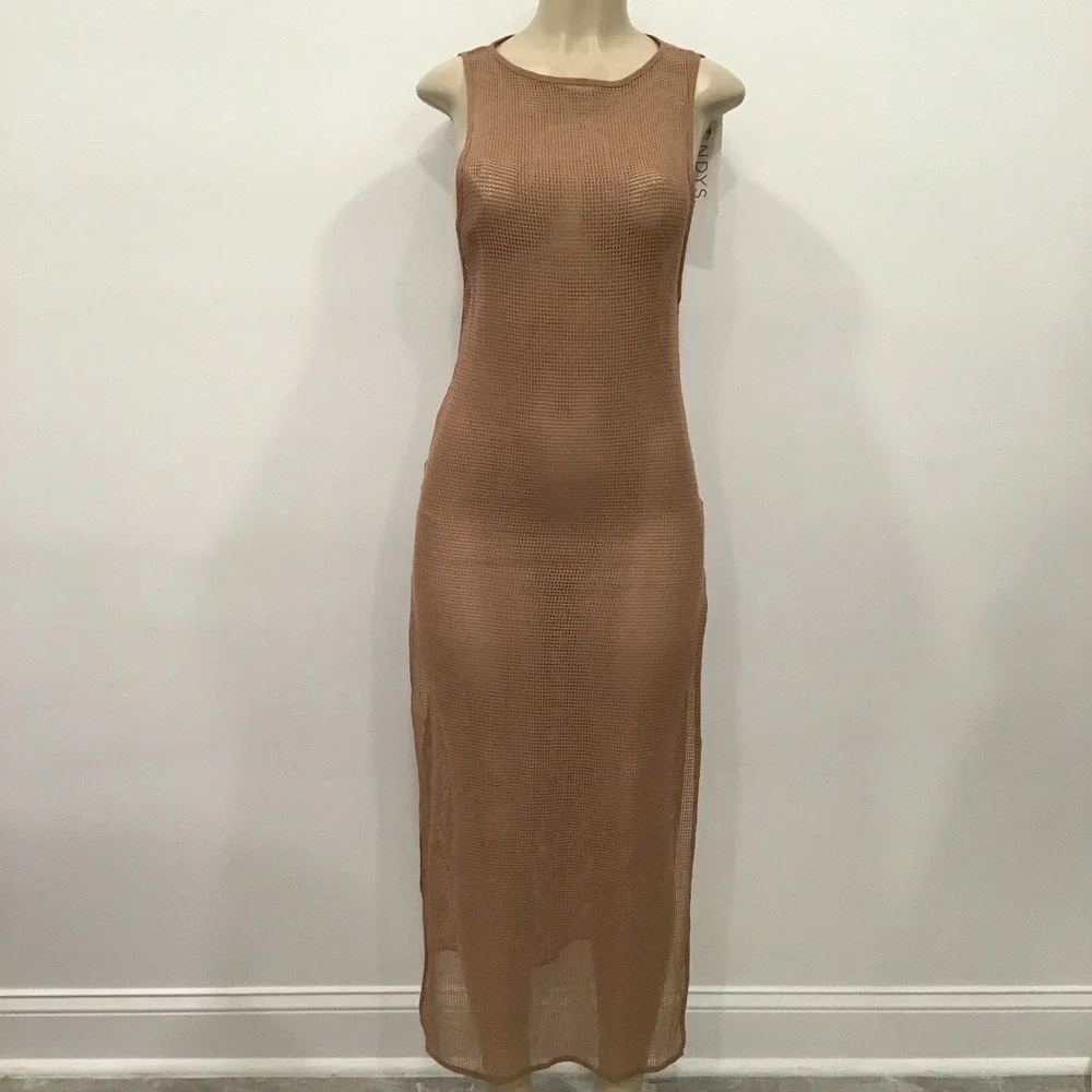 Sndys Paradise Maxi Swim Beach Coverup Nude Brown Crochet Netted Sheer SZ XS NWT